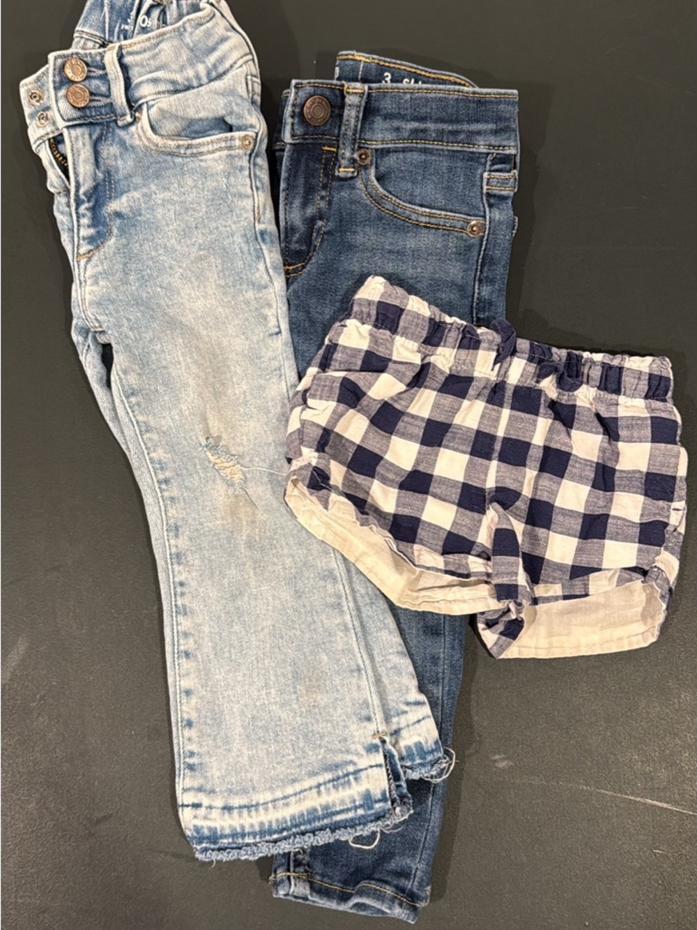 GAP Light Wash Jeans, Dark Denim Jeans & Cat and Jack Navy Gingham Shorts